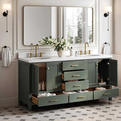ARIEL Cambridge 72-inch Bathroom Vanity with Sink,Solid Wood, 1.5-inch Carrara White Quartz Countertop, Double Oval Porcelain Sink, 4 Soft Closing Doors, 6 Dovetail Drawers, Vintage Green