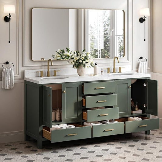 ARIEL Cambridge 72-inch Bathroom Vanity with Sink,Solid Wood, 1.5-inch Carrara White Quartz Countertop, Double Oval Porcelain Sink, 4 Soft Closing Doors, 6 Dovetail Drawers, Vintage Green