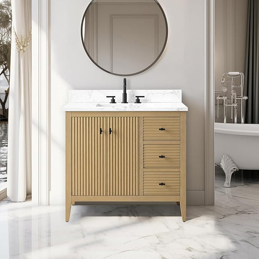 Vanity Art 36 inch Oak Bathroom Vanity with Single Sink & Ceramic Top, Vanity Cabinet with Soft-Closing Door, Solid Wood Frame, Linear Pattern, Natural Oak, VA9136-NO-MB,Matte Black Handles