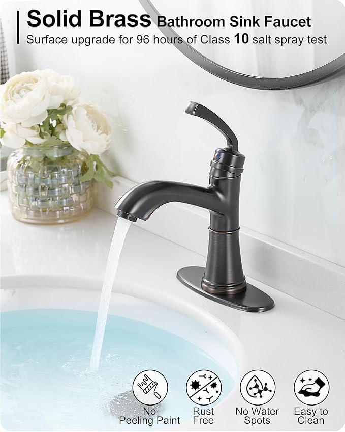 Brass One Hole Bathroom Faucet, 4 Inch Oil Rubbed Bronze Bathroom Faucets 3 Hole, Bathroom Sink Faucet Single Handle, Vanity Sink Faucet with Deck Plate, Pre-Installed Hoses, Pop-up Drain
