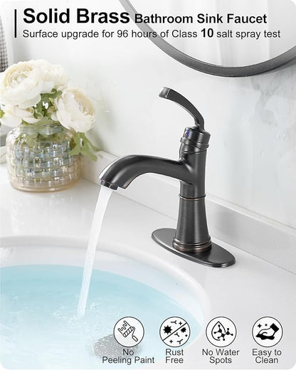 Brass One Hole Bathroom Faucet, 4 Inch Oil Rubbed Bronze Bathroom Faucets 3 Hole, Bathroom Sink Faucet Single Handle, Vanity Sink Faucet with Deck Plate, Pre-Installed Hoses, Pop-up Drain