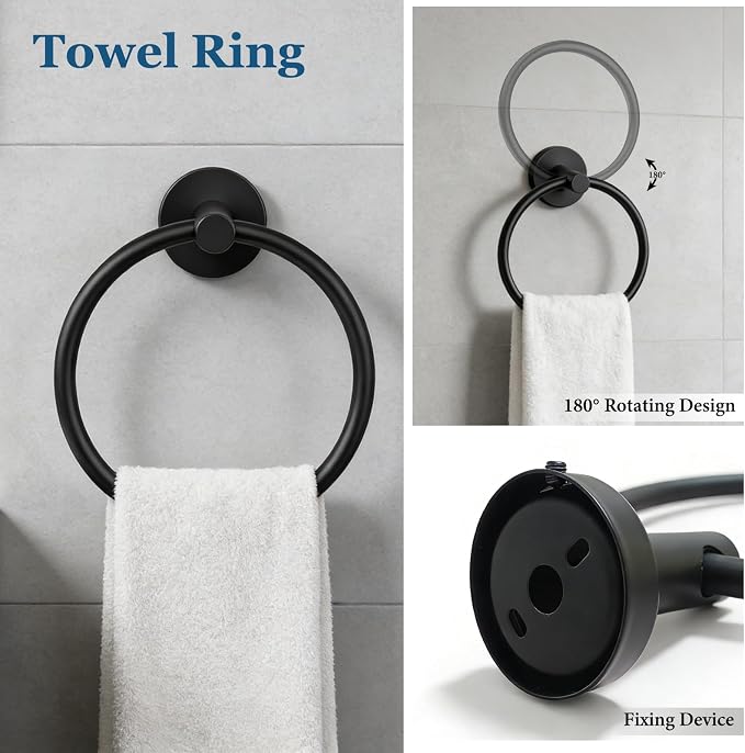 4-Pieces Wall Mount Bathroom Hardware Set,23.6 Inch Towel Bar,Matte Black | Stainless Steel Bathroom Accessories Set,Waterproof Towel Bar ,Toilet Paper Holder with Shelf,Towel Ring,Coat Hook,Rectangle