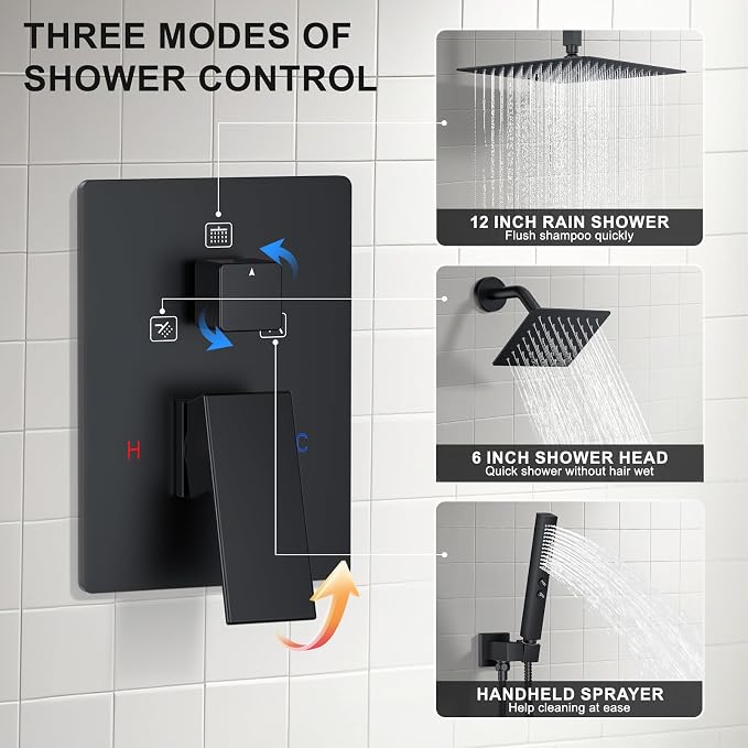 Rain Shower System 12" & 6" Dual Shower Heads Ceiling Shower Faucet Set | Ideal for bathroom remodels and upgrades with 12" rain shower, 6" angled shower, handheld spray and complete valve kit.