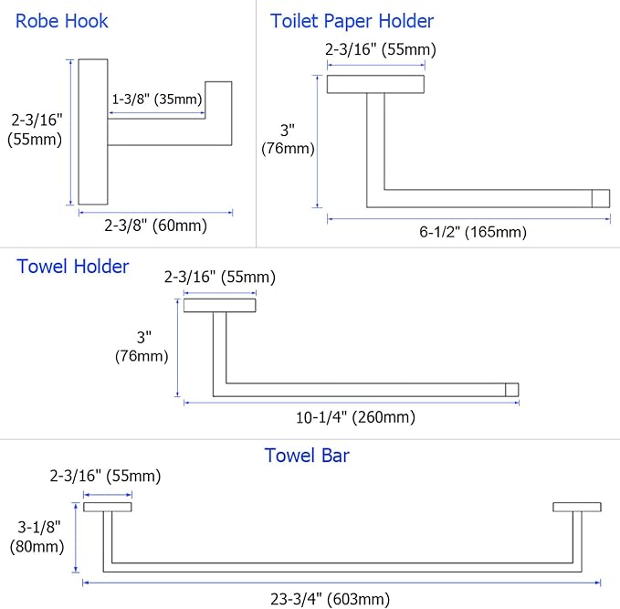 Suyar Polished Chrome Bathroom Hardware Set, Bathroom Accessories 4 Pieces | Include Robe Hook, Toilet Paper Holder, Hand Towel Holder, Towel Bar, SUS304 Stainless Steel, Wall Mounted