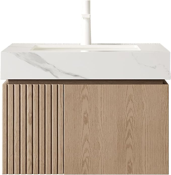 KEIKI 24 Inch Floating Bathroom Vanity with Sink, Light Brown & White | Modern Wall Mounted Storage Cabinet with 2 Doors, Pre-assembled Wood Panels, Sintered Stone Top & Ceramic Basin Combo Set