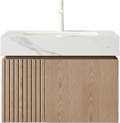 KEIKI 24 Inch Floating Bathroom Vanity with Sink, Light Brown & White | Modern Wall Mounted Storage Cabinet with 2 Doors, Pre-assembled Wood Panels, Sintered Stone Top & Ceramic Basin Combo Set