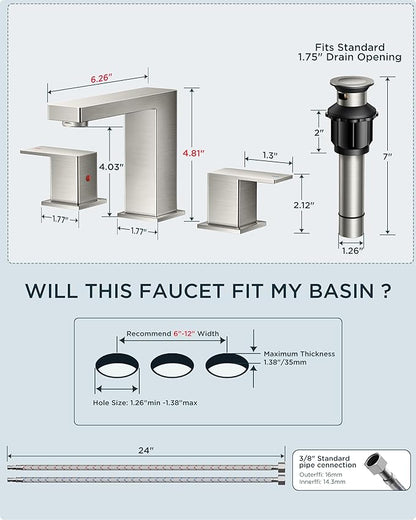 FORIOUS Brushed Nickel Bathroom Faucets 3 Hole, Stainless Steel 2 Handle Square 8 in Widespread Bathroom Sink Faucet Brushed Nickel 3 Hole with Metal Pop Up Drain, CUPC Water Hoses