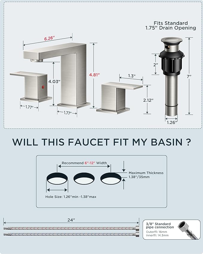 QFN Lead-Free Brushed Nickel Bathroom Faucet 3 Hole, Square Bathroom Sink Faucet 8 Inch Widespread, 2 Handle for 6"-12" Vanity Sink with Metal Pop Up Drain and 24" cUPC Supply Hoses