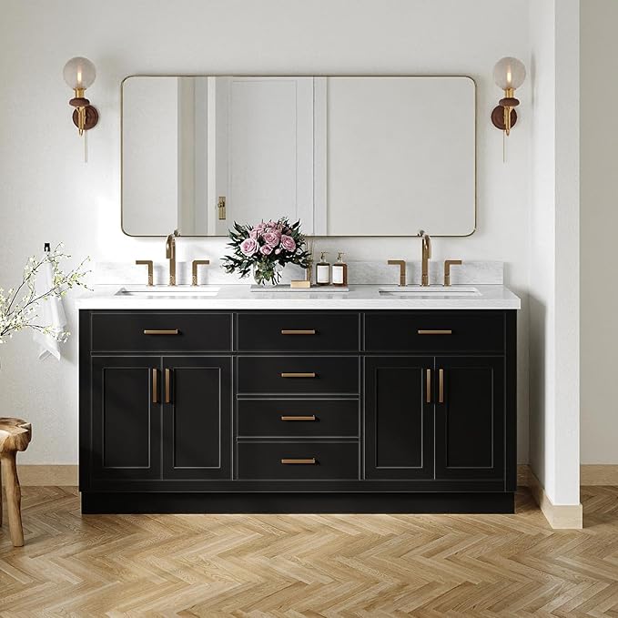 DKB Isabella 72 Inch Bathroom Vanity Double Sink — Black Bathroom Vanity with Sink, 1.5" Edge Italian Carrara Marble Countertop & Backsplash, 4 Soft-Close Doors, 4 Dovetail Drawers, and 2 Tilt Drawers