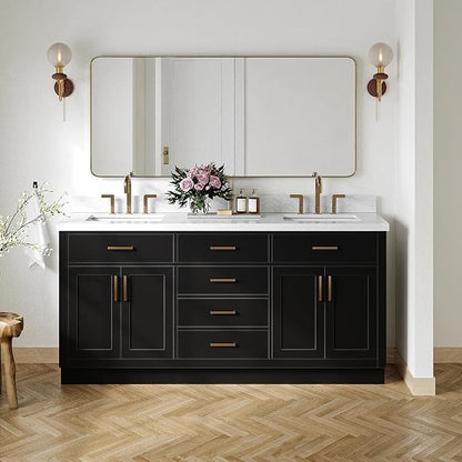 DKB Isabella 72 Inch Bathroom Vanity Double Sink — Black Bathroom Vanity with Sink, 1.5" Edge Italian Carrara Marble Countertop & Backsplash, 4 Soft-Close Doors, 4 Dovetail Drawers, and 2 Tilt Drawers