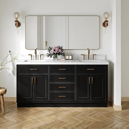 DKB Isabella 72 Inch Bathroom Vanity Double Sink — Black Bathroom Vanity with Sink, 1.5" Edge Italian Carrara Marble Countertop & Backsplash, 4 Soft-Close Doors, 4 Dovetail Drawers, and 2 Tilt Drawers