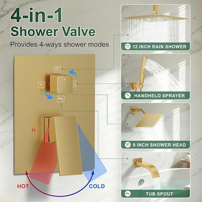 Rain Shower System with Rough-in Valve, Ceiling Mount Shower Faucet Set with 12" & 6" Dual Rain Shower Heads, 2-in-1 Handheld Shower, Tub Spout, 4-Function Complete Shower Fixture,Brushed Gold