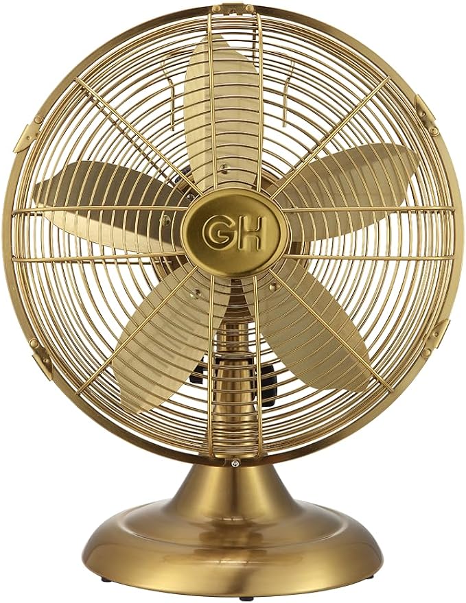 Good Housekeeping 92613 All-Metal 12" Retro Desk Office Table Fan with Wide Oscillation, 3-Speed Settings & Carrying Handle, Satin Brass