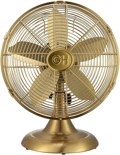 Good Housekeeping 92613 All-Metal 12" Retro Desk Office Table Fan with Wide Oscillation, 3-Speed Settings & Carrying Handle, Satin Brass