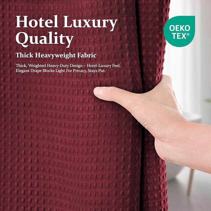 Long Waffle Shower Curtain 256 GSM Heavy Fabric 72x78 Burgundy | 78 Inch Long, Thick Cloth, Weighted Hem, Water Repellent, Tall Hotel Luxury Polyester Shower Curtains for Bathroom 12 Hooks