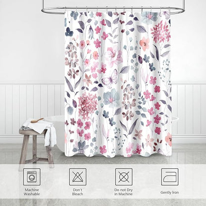 Pink Floral Shower Curtain, Pink Blue Watercolor Flower Fabric Shower Curtain for Bathroom, Cute Wildflower Butterfly Cloth Shower Curtain Set with Hooks, 72x72