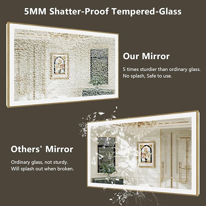 72x32 Inch LED Bathroom Mirror with Lights (Front Lit and Backlit) Gold Framed Lighted Vanity Mirror for Bathroom Wall Dimmable Anti-Fog Memory Tempered Glass Horizontal/Vertical