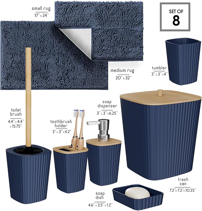 Clara Clark Bathroom Set - Navy Blue Bathroom Accessories Set, 6PC Bathroom Accessory Set, Bathroom Sets with Bathroom Rugs, Toilet Brush, Trash Can & Soap Dispenser