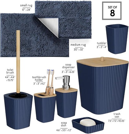 Clara Clark Bathroom Set - Navy Blue Bathroom Accessories Set, 6PC Bathroom Accessory Set, Bathroom Sets with Bathroom Rugs, Toilet Brush, Trash Can & Soap Dispenser