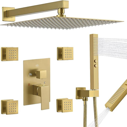 RUMOSE Rainfall Shower System with 4 Full Body Jet 4 Mode Shower Faucet Set | 12 Inch Rain Shower Head, 2 in 1 Handheld Spray, Brushed Gold Brass Shower Jet Shower Fixtures, Wall Mounted
