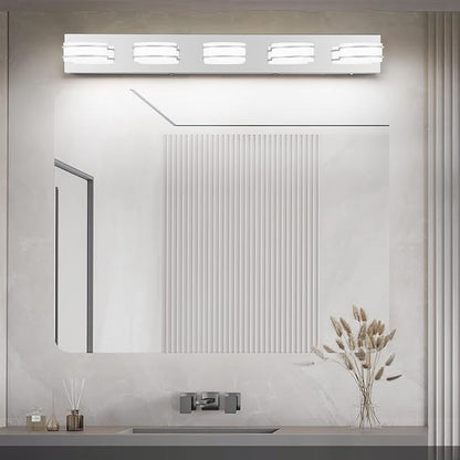 3 Color Temperature Dimmable Bathroom Light Fixtures over Mirror, LED Chrome 5 Light Vanity Lighting Fixtures, Acrylic Stainless Steel Square Shade Vanity Lights for Bathroom, ETL Certificated