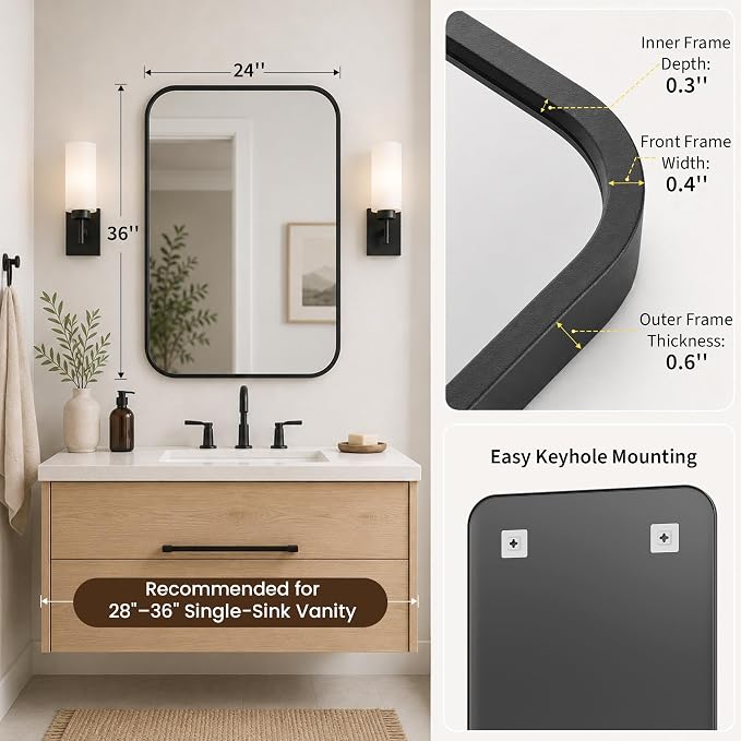 24x36 Inch Matte Black Rounded Rectangle Bathroom Vanity Mirror | For Over-Sink Bathrooms, Powder-Coated Iron Frame, Layered Shadow Box Look, Two-Way Mount, Protective Packaging