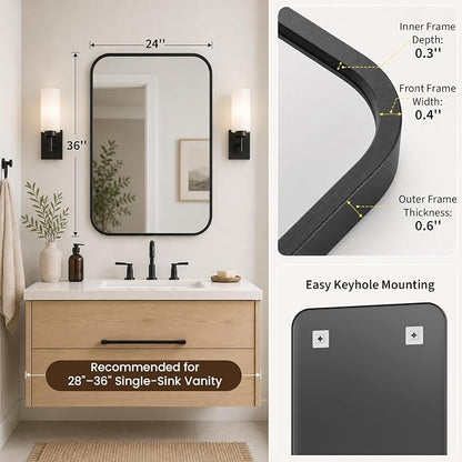 24x36 Inch Matte Black Rounded Rectangle Bathroom Vanity Mirror | For Over-Sink Bathrooms, Powder-Coated Iron Frame, Layered Shadow Box Look, Two-Way Mount, Protective Packaging