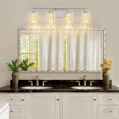 4-Light Brushed Nickel Bathroom Vanity Light with 3 Color Modes (3000K/4000K/6000K), Dimmable Modern Wall Light Over Mirror with Clear Glass Shade