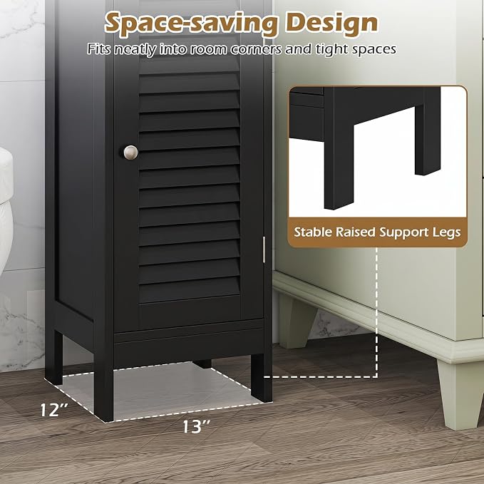 GIANTEX Bathroom Floor Storage Cabinet with Door and Drawer, Black | Freestanding Side Cabinet with 3-Height Adjustable Shelf, Slim Cupboard, Storage Organizer Cabinet for Bedroom Living Room