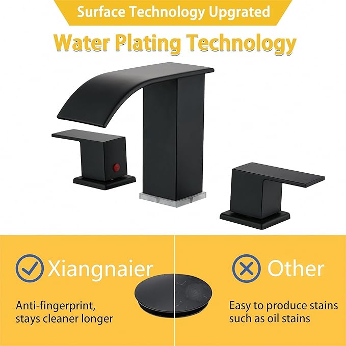 Bathroom Faucet 3 Hole, Matte Black Waterfall Bathroom Faucets, 8 Inch Widespread Modern Bathroom Sink Faucet & Parts, Wide Spread Touch On Three Hole 2 Handle Bathroom Vanity Faucet
