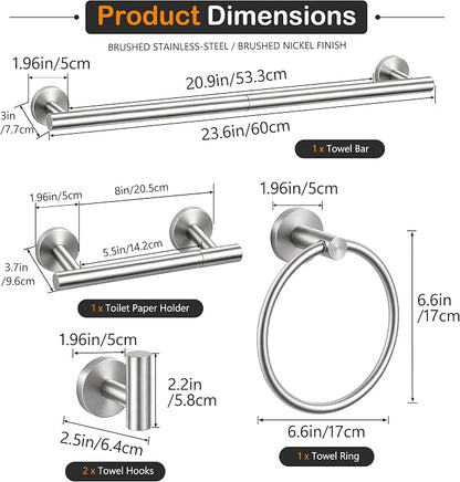 5 Piece Brushed Nickel Bathroom Hardware Accessories Set, 24" Towel Bar Set | Bathroom Towel Rack Set with Wall Mounted SUS304 Stainless Steel , Double Post Toilet Paper Holder, Towel Ring & Robe Hooks
