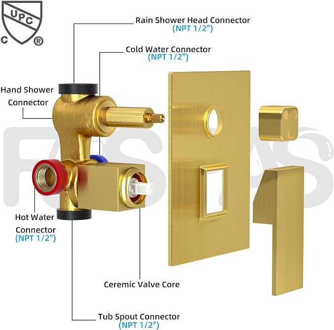 Shower System with 10-Inch Rain Head and Tub Spout | All-Metal Tub Shower Faucet Set, Ceiling Mount Rain Showerhead, Handheld Spray, Includes Valve and Trim Kit, Brushed Gold