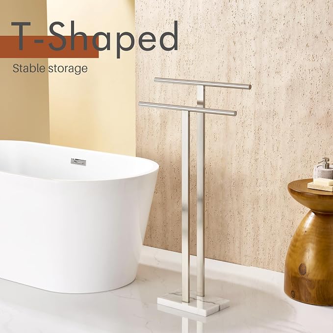 KOKOSIRI Towel Rack Free Standing Brushed Nickel 2-Tier Towel Holder for Bathroom Floor Stand with Heavy Marble Base Thicken Steady Design Stainless Steel THS0005-BR