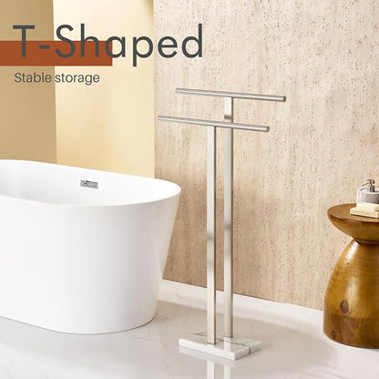 KOKOSIRI Towel Rack Free Standing Brushed Nickel 2-Tier Towel Holder for Bathroom Floor Stand with Heavy Marble Base Thicken Steady Design Stainless Steel THS0005-BR