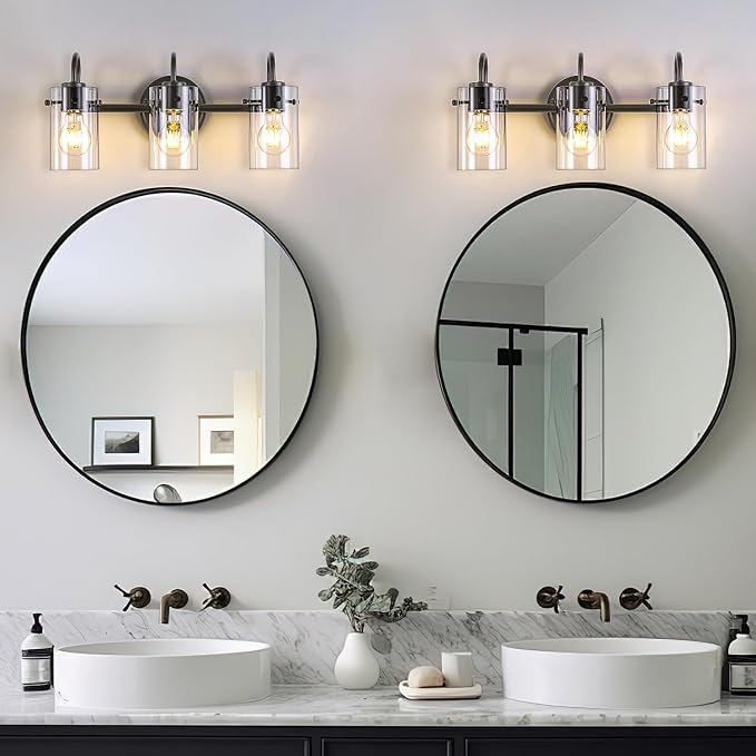 3 Lights Vanity Lights, Matte Black Bathroom Wall Light Fixtures over Mirror, Modern Wall Sconce with Clear Glass Shade, Farmhouse Wall Mount Porch Wall Lamp for Mirror, Kitchen, Living Room, Workshop
