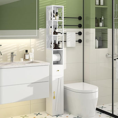 VECELO Narrow Bathroom Storage Cabinet with X-Frame Metal Design, 67" Tall Freestanding Cabinet with Toilet Paper Holder, Slim Tower Cabinet with Magnetic Door & Drawer, for Small Spaces, White