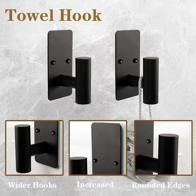 5 PCS Self Adhesive Bathroom Hardware Set, Stainless Steel Towel Rack Set Include 16In Bath Towel Bar+Toilet Paper Holder+3 Towel/Robe Hooks No Drill Bathroom Accessory Kit(Matte Black)