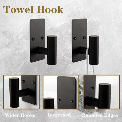 5 PCS Self Adhesive Bathroom Hardware Set, Stainless Steel Towel Rack Set Include 16In Bath Towel Bar+Toilet Paper Holder+3 Towel/Robe Hooks No Drill Bathroom Accessory Kit(Matte Black)