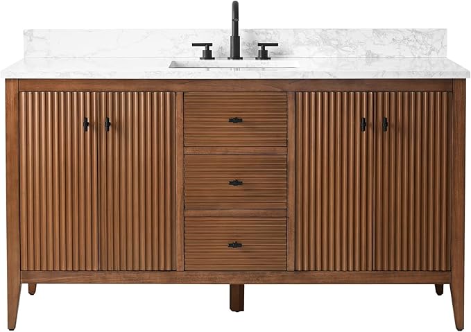 Vanity Art 60 inch Walnut Bathroom Vanity with Single Sink & Ceramic Top, Vanity Cabinet with Soft-Closing Door, Solid Wood Frame, Linear Pattern, Walnut, VA9160-SWalnut-MB,Matte Black Handles