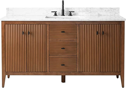 Vanity Art 60 inch Walnut Bathroom Vanity with Single Sink & Ceramic Top, Vanity Cabinet with Soft-Closing Door, Solid Wood Frame, Linear Pattern, Walnut, VA9160-SWalnut-MB,Matte Black Handles