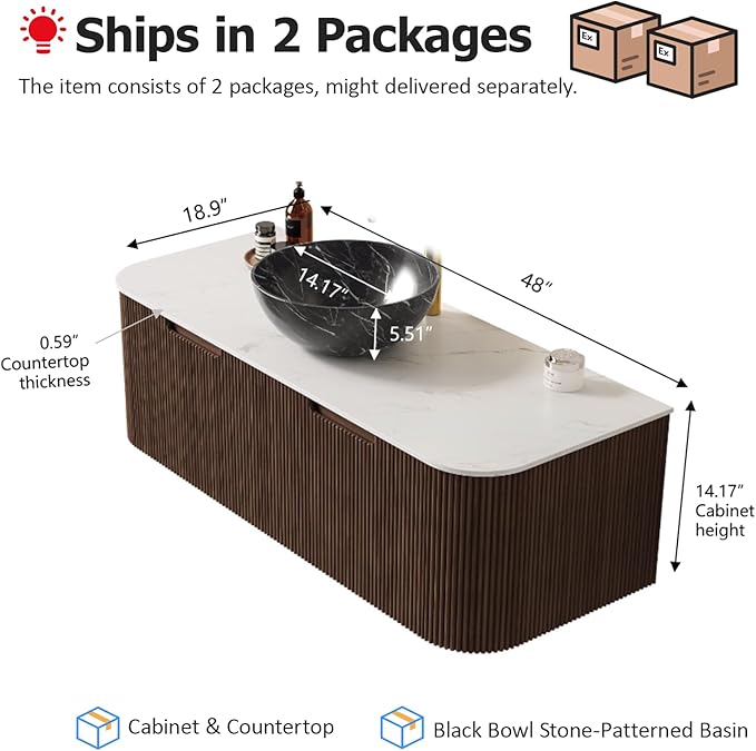 48" Floating Bathroom Vanity with Sink, Wall-Mount Cabinet with 2 Large Storage Drawer, Black Bowl Ceramic Basins and Marble Top, Soft-Close Design, Dark Walnut