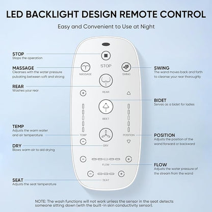 LEIVI Electric Bidet Toilet Seat with Wireless Remote and Side Panel, Multiple Spray Modes, Adjustable Heated Seat, Warm Water and Air Dryer, Auto LED Nightlight, Elongated