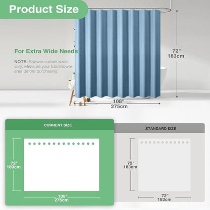Extra Wide Waffle Shower Curtain 256 GSM 108"x72" Moonlight Blue | 108 Inch Wide, Thick Cloth, Weighted Hem, Water Repellent, Hotel Luxury Polyester Shower Curtain Set for Bathroom 18 Hooks