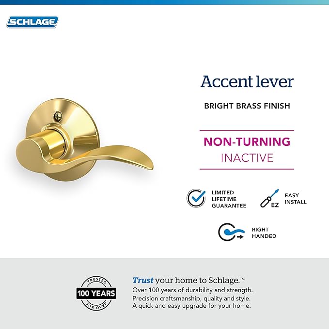 Schlage F170 ACC 605 RH Right Handed Accent Door Lever, One Sided Non-Turning Dummy Door Handle, Bright Brass