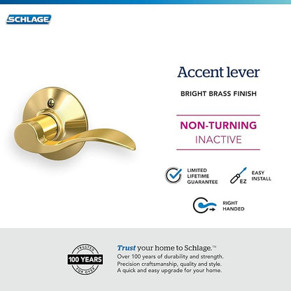 Schlage F170 ACC 605 RH Right Handed Accent Door Lever, One Sided Non-Turning Dummy Door Handle, Bright Brass