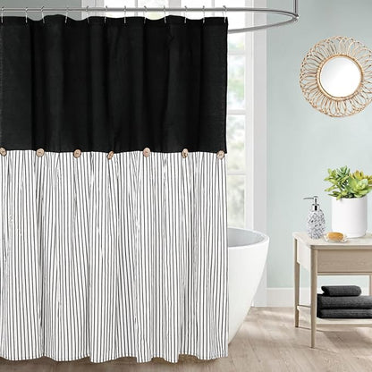 DOSLY IDÉES Farmhouse Black Shower Curtain, Beige and Black Stripe, Button Curtain, Linen and Cotton Woven Fabric, Rustic Charm Country Chic Style, 72x72 in