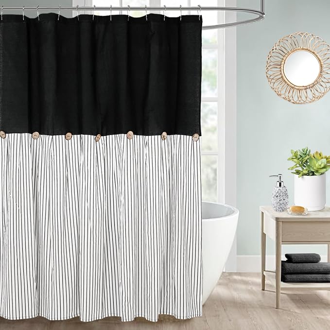 DOSLY Ides Farmhouse Black Shower Curtain, Beige and Black Stripe, Button Curtain, Linen and Cotton Woven Fabric, Rustic Charm Country Chic Style, 72x84in, for Bathroom