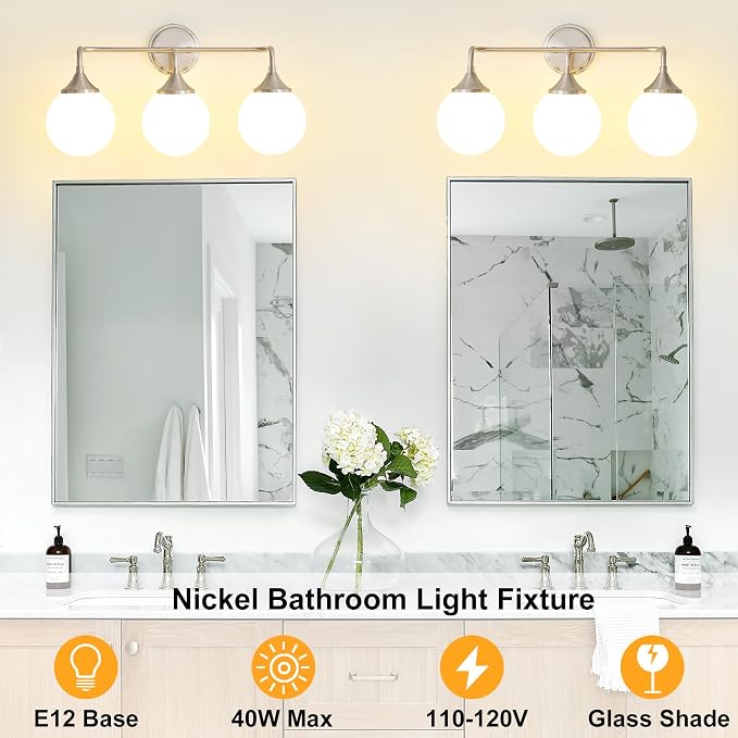 Brushed Nickel Bathroom Light Fixtures Over Mirror Vanity 3-Light | Mid Century Modern Brushed Nicke Wall Sconce with Milky White Glass Ball Shades for for Bathroom Dressing Table Bedroom