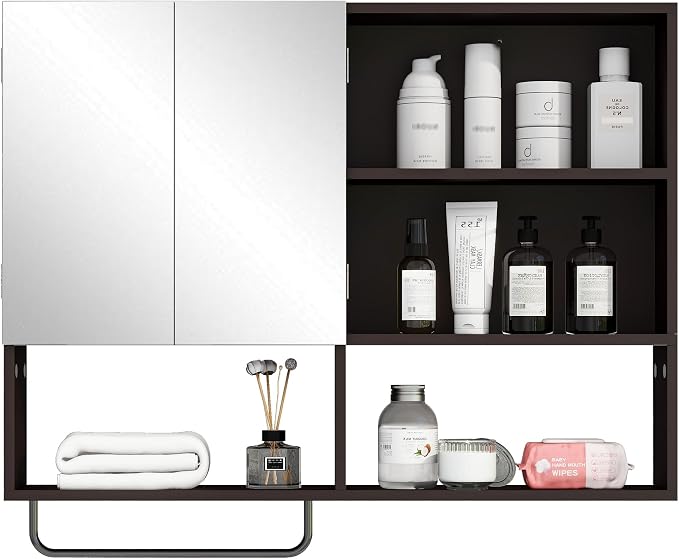 Bathroom Wall Cabinet, Medicine Cabinet, with Mirror & Towel Bar, Espresso