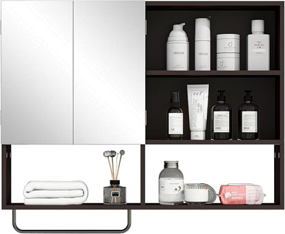 Bathroom Wall Cabinet, Medicine Cabinet, with Mirror & Towel Bar, Espresso